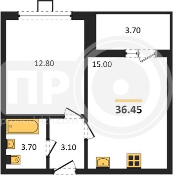 Миниатюра 1-комнатная квартира, 36.45кв.м