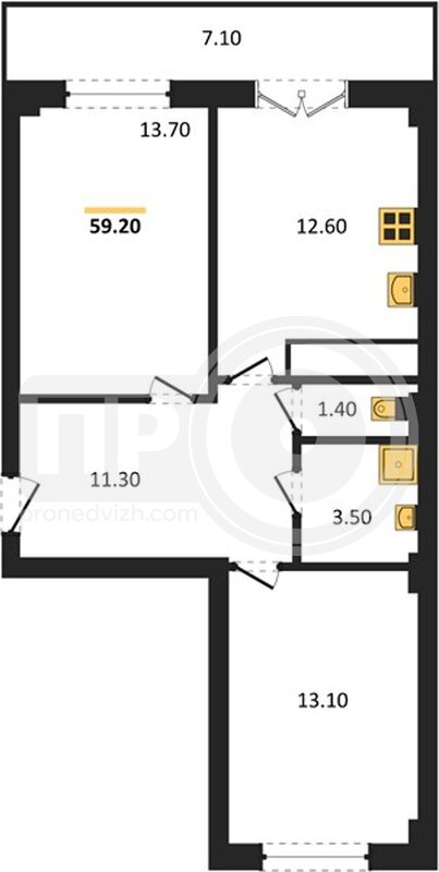 2-комнатная квартира, 59.2кв.м