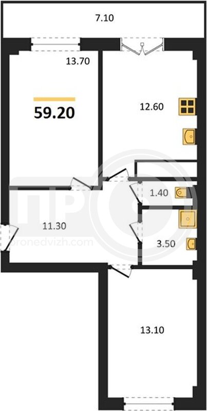 2-комнатная квартира, 59.2кв.м