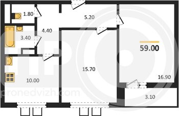 Миниатюра 2-комнатная квартира, 59кв.м