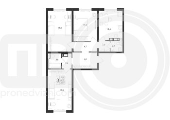 Миниатюра 3-комнатная квартира, 89.9кв.м