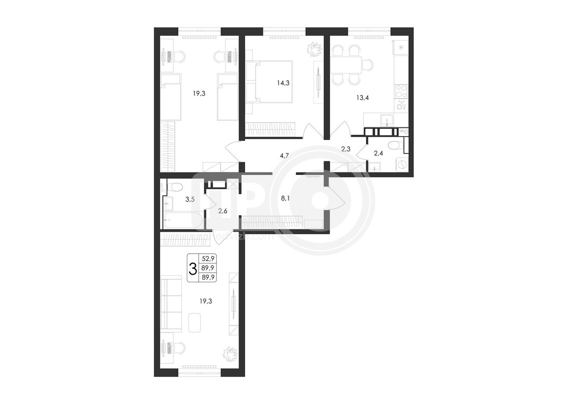3-комнатная квартира, 89.9кв.м
