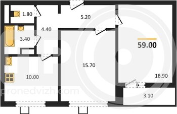 Миниатюра 2-комнатная квартира, 59кв.м
