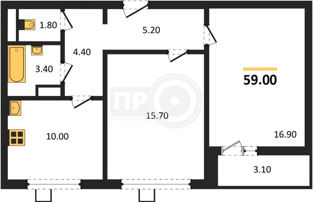 2-комнатная квартира, 59кв.м