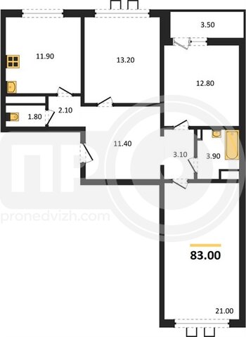 Миниатюра 3-комнатная квартира, 83кв.м