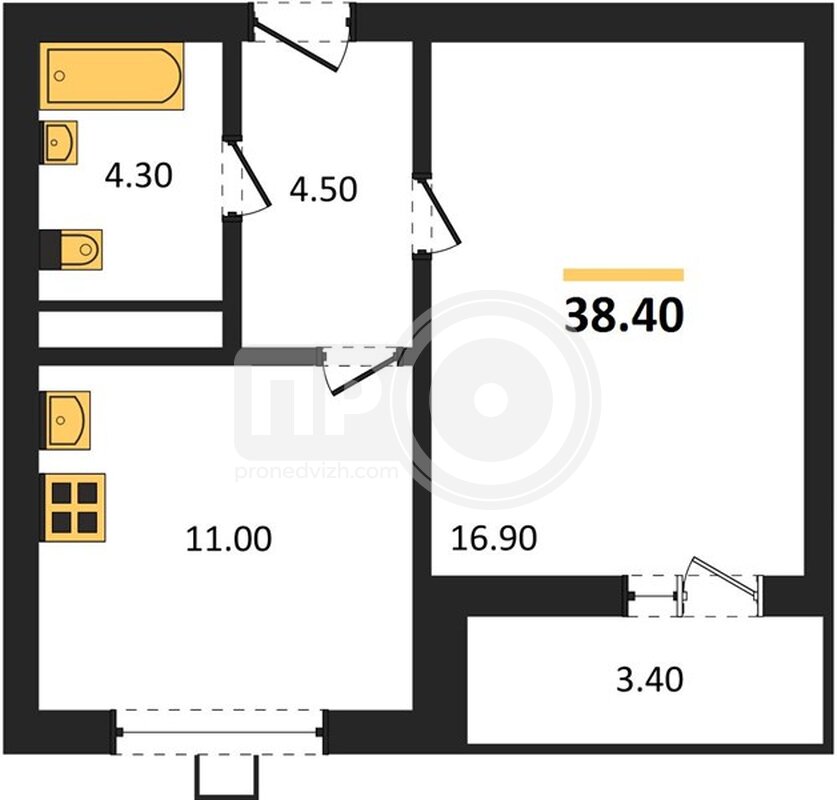 1-комнатная квартира, 38.4кв.м