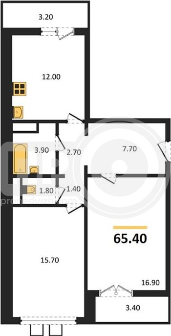 Миниатюра 2-комнатная квартира, 65.4кв.м