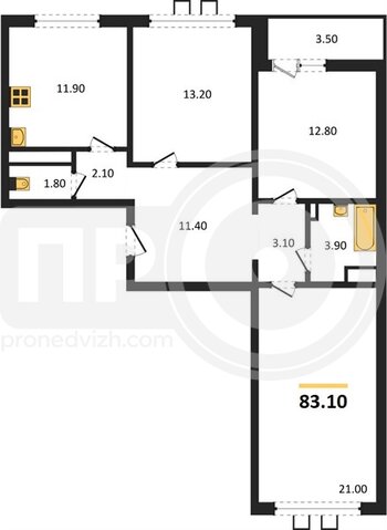 Миниатюра 3-комнатная квартира, 83.1кв.м