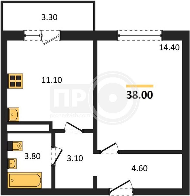 1-комнатная квартира, 38кв.м
