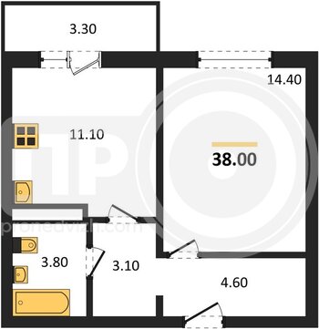 Миниатюра 1-комнатная квартира, 38кв.м