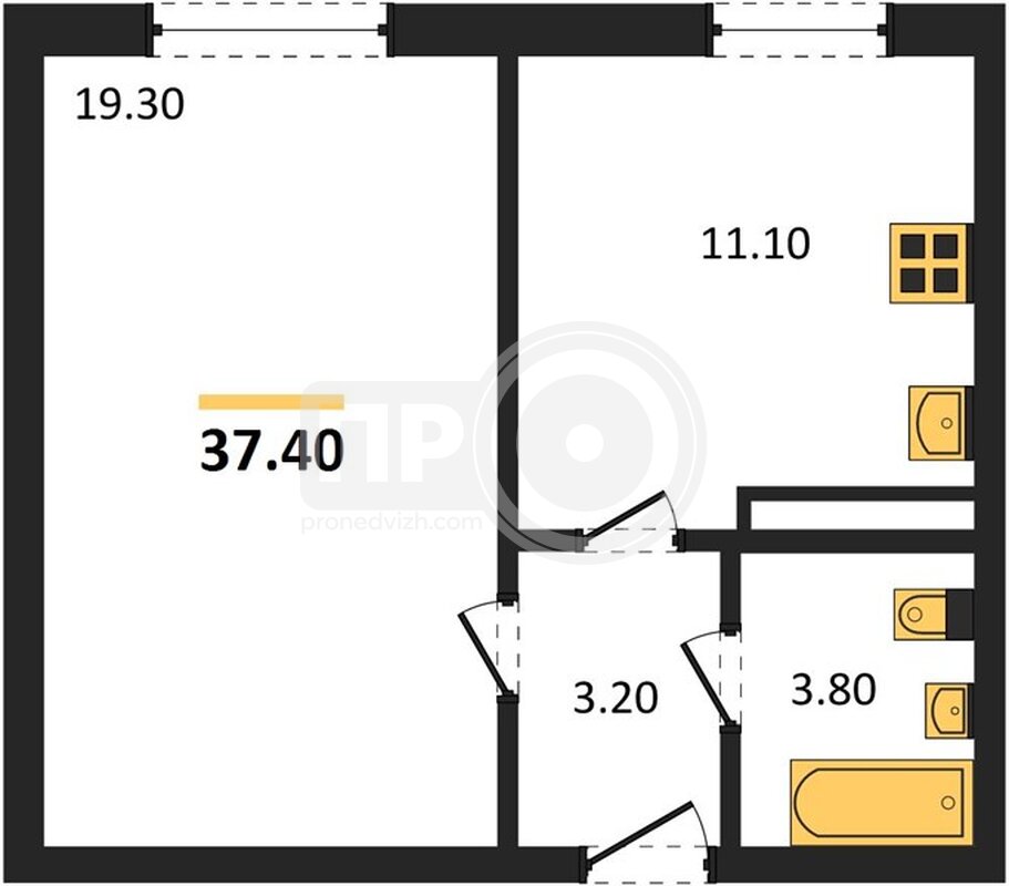 1-комнатная квартира, 37.4кв.м