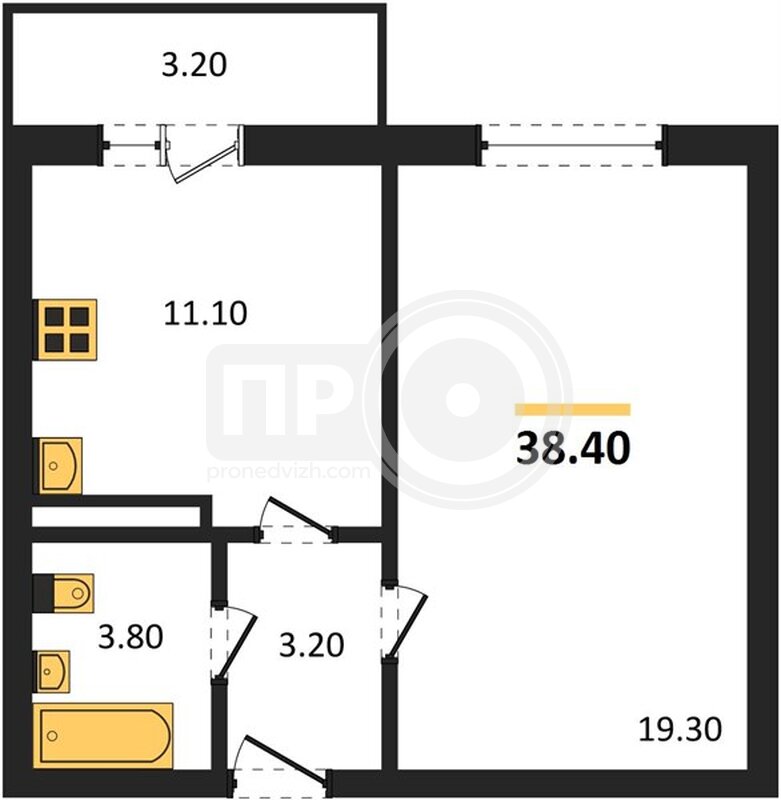 1-комнатная квартира, 38.4кв.м
