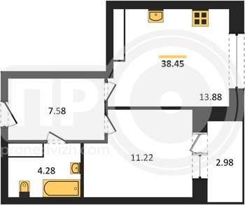 Миниатюра 1-комнатная квартира, 38.45кв.м