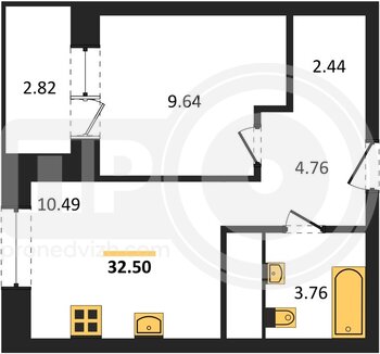 Миниатюра 1-комнатная квартира, 32.5кв.м