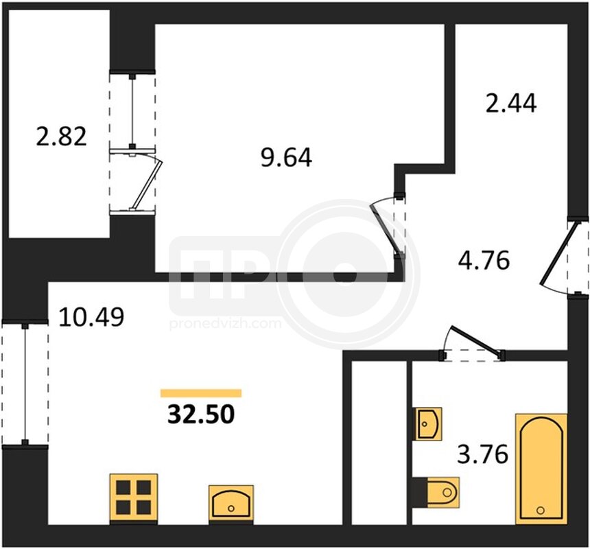 1-комнатная квартира, 32.5кв.м