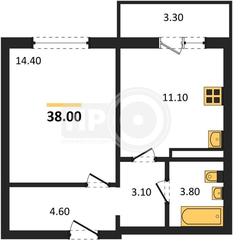1-комнатная квартира, 38кв.м
