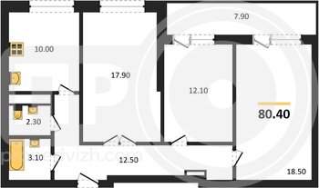Миниатюра 3-комнатная квартира, 80.4кв.м