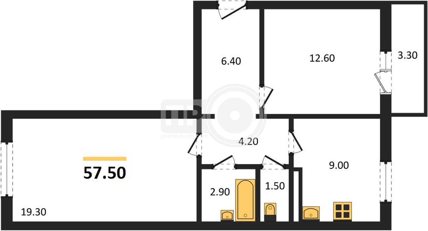 2-комнатная квартира, 57.5кв.м