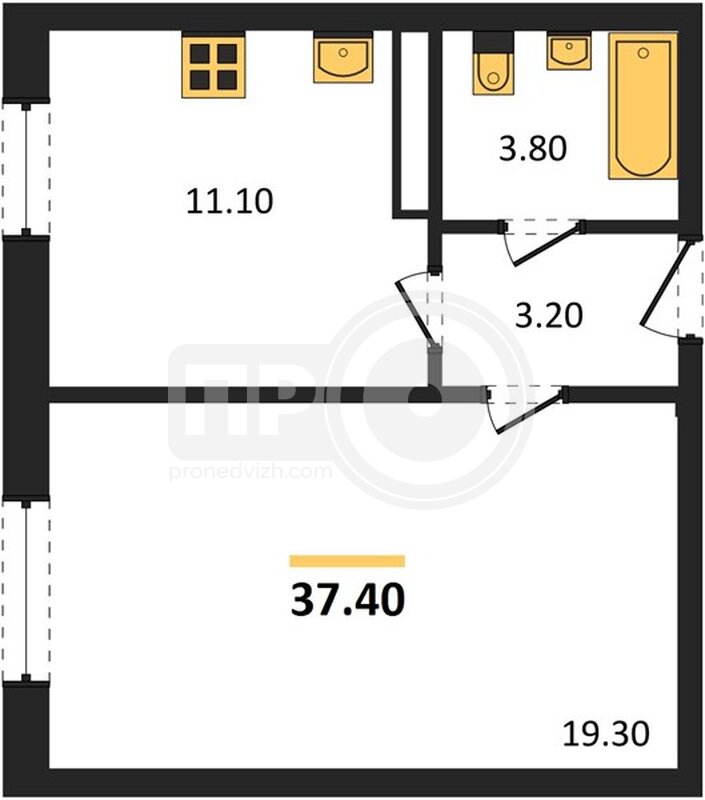 1-комнатная квартира, 37.4кв.м