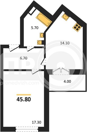 Миниатюра 1-комнатная квартира, 45.8кв.м