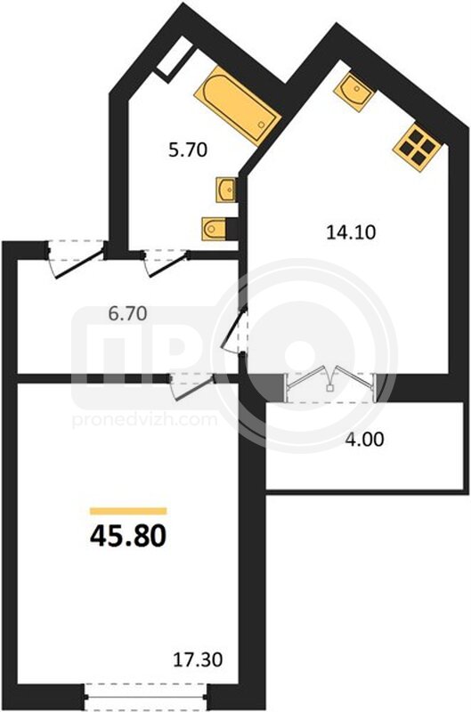 1-комнатная квартира, 45.8кв.м