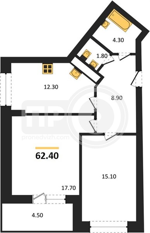 2-комнатная квартира, 62.4кв.м
