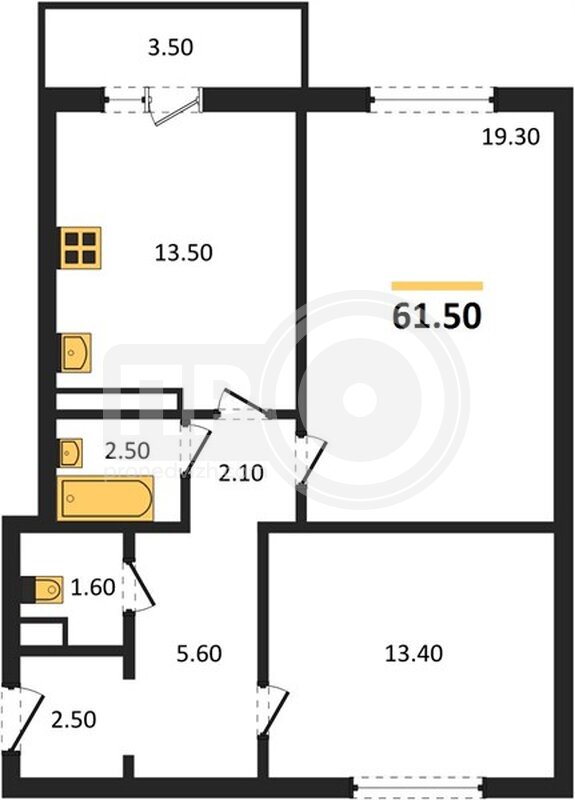 2-комнатная квартира, 61.5кв.м