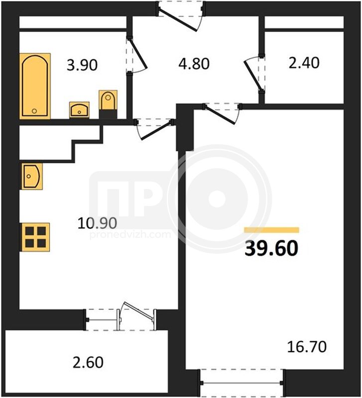 1-комнатная квартира, 39.6кв.м
