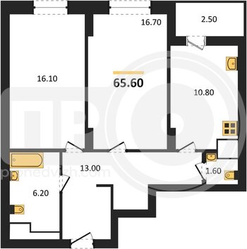 Миниатюра 2-комнатная квартира, 65.6кв.м