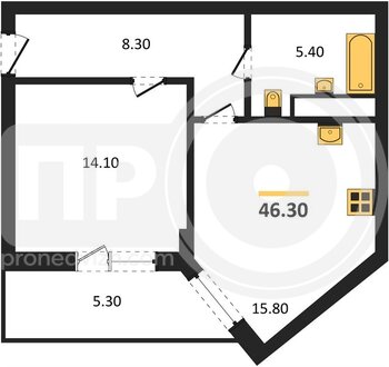 Миниатюра 1-комнатная квартира, 46.3кв.м