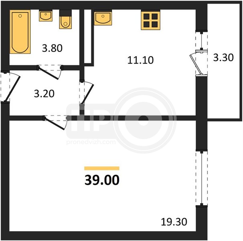 1-комнатная квартира, 39кв.м