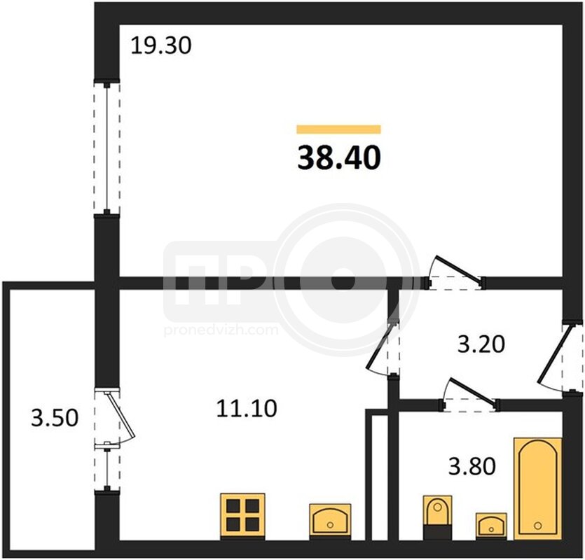 1-комнатная квартира, 38.4кв.м