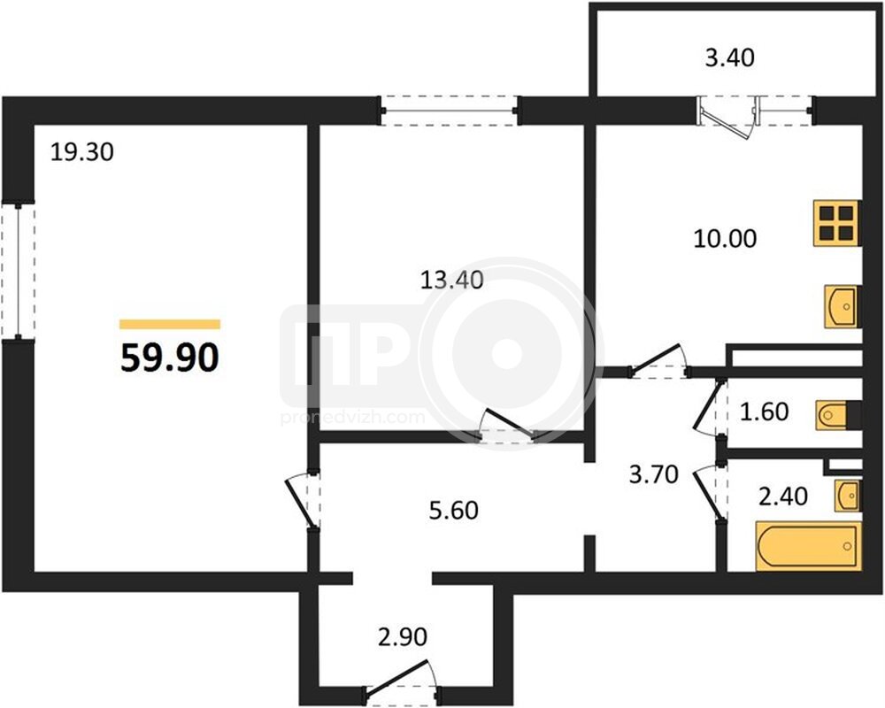 2-комнатная квартира, 59.9кв.м