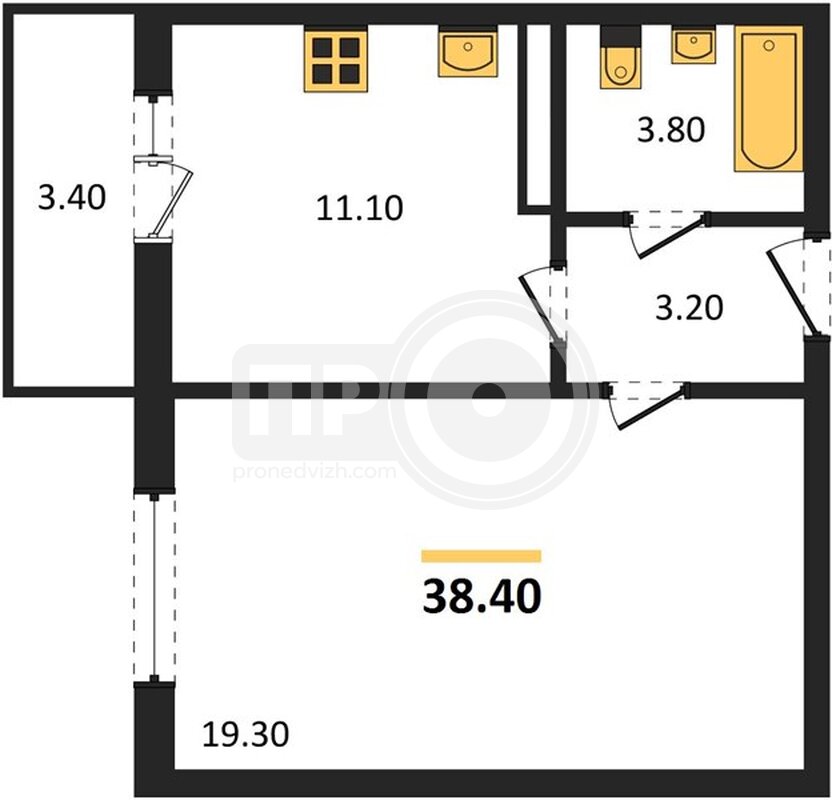 1-комнатная квартира, 38.4кв.м