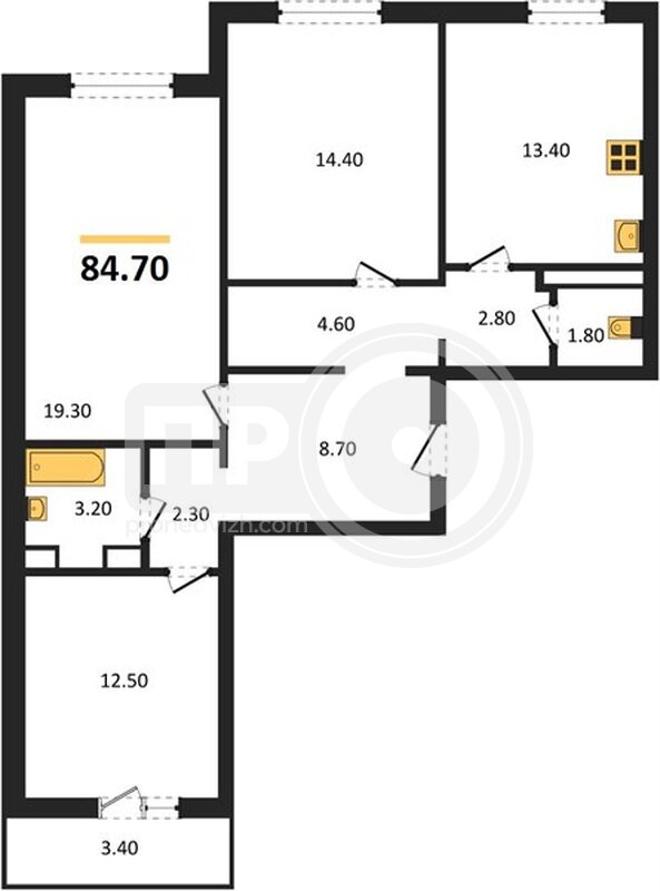 3-комнатная квартира, 84.7кв.м