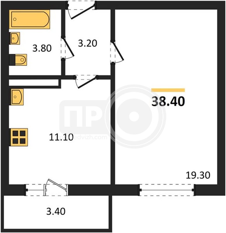 1-комнатная квартира, 38.4кв.м