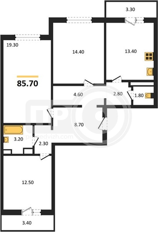 3-комнатная квартира, 85.7кв.м
