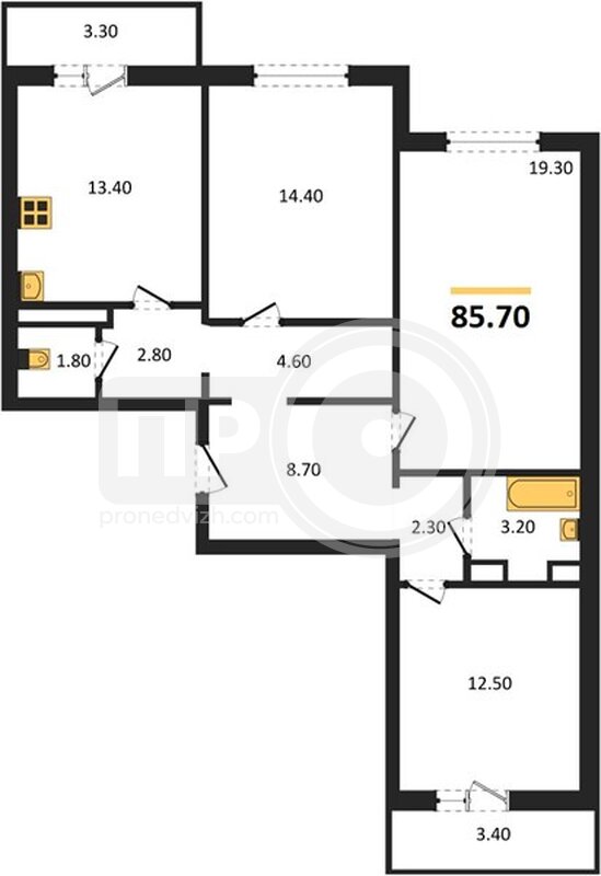 3-комнатная квартира, 85.7кв.м