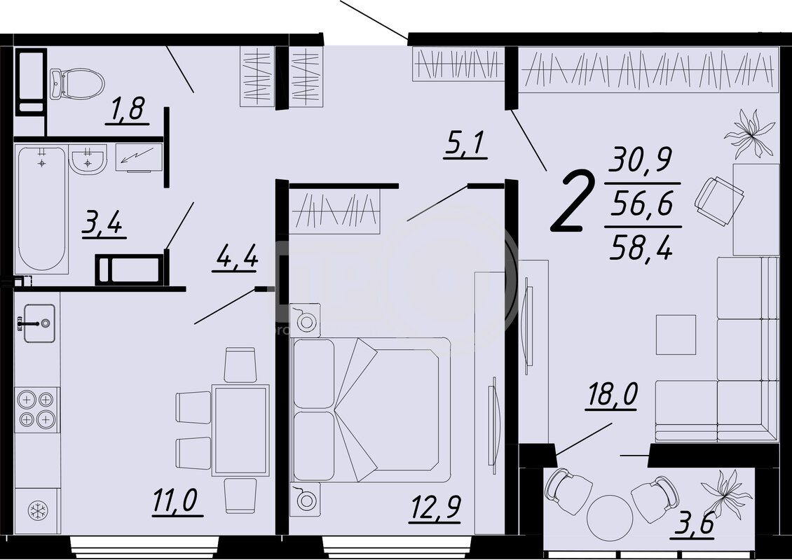 2-комнатная квартира, 58.6кв.м