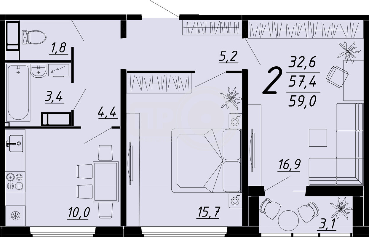 2-комнатная квартира, 59кв.м