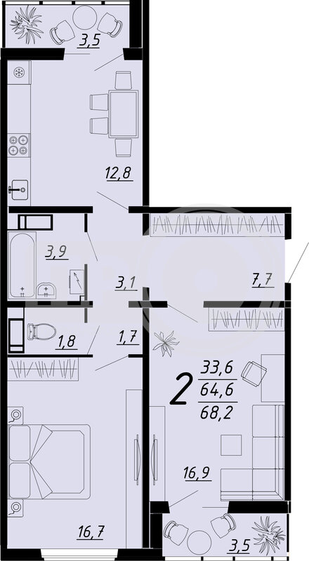 2-комнатная квартира, 68.2кв.м