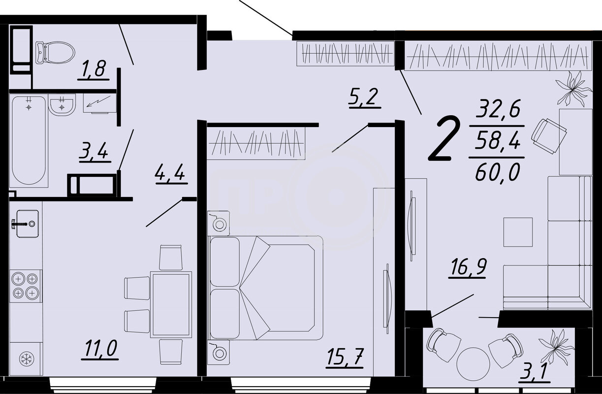 2-комнатная квартира, 60кв.м