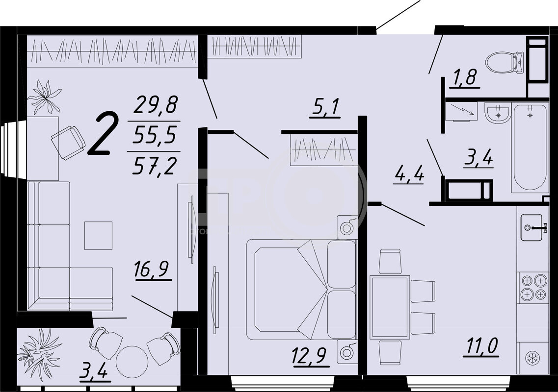 2-комнатная квартира, 57.2кв.м