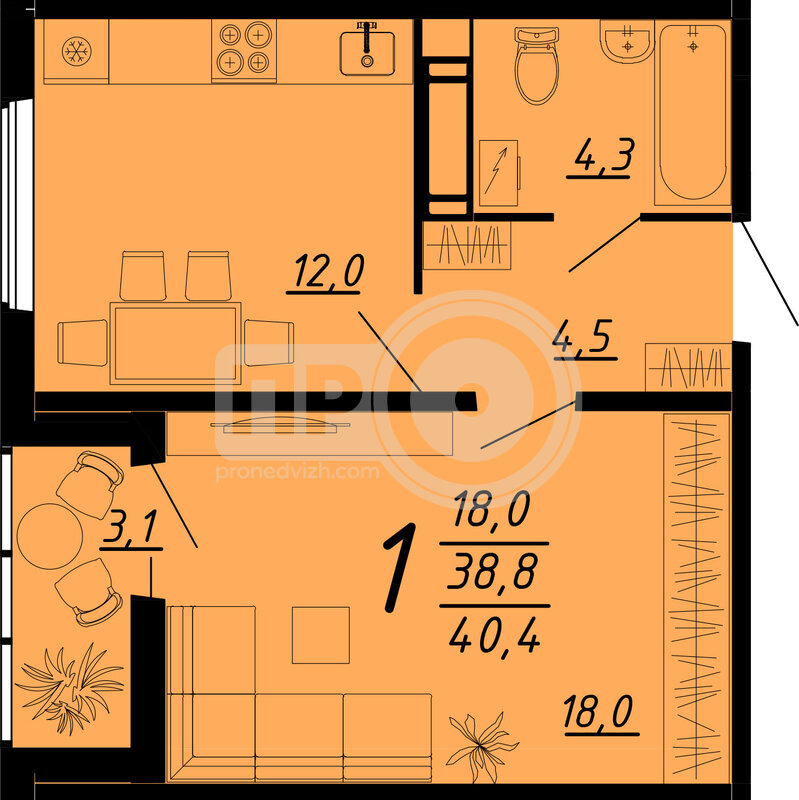 1-комнатная квартира, 40.4кв.м