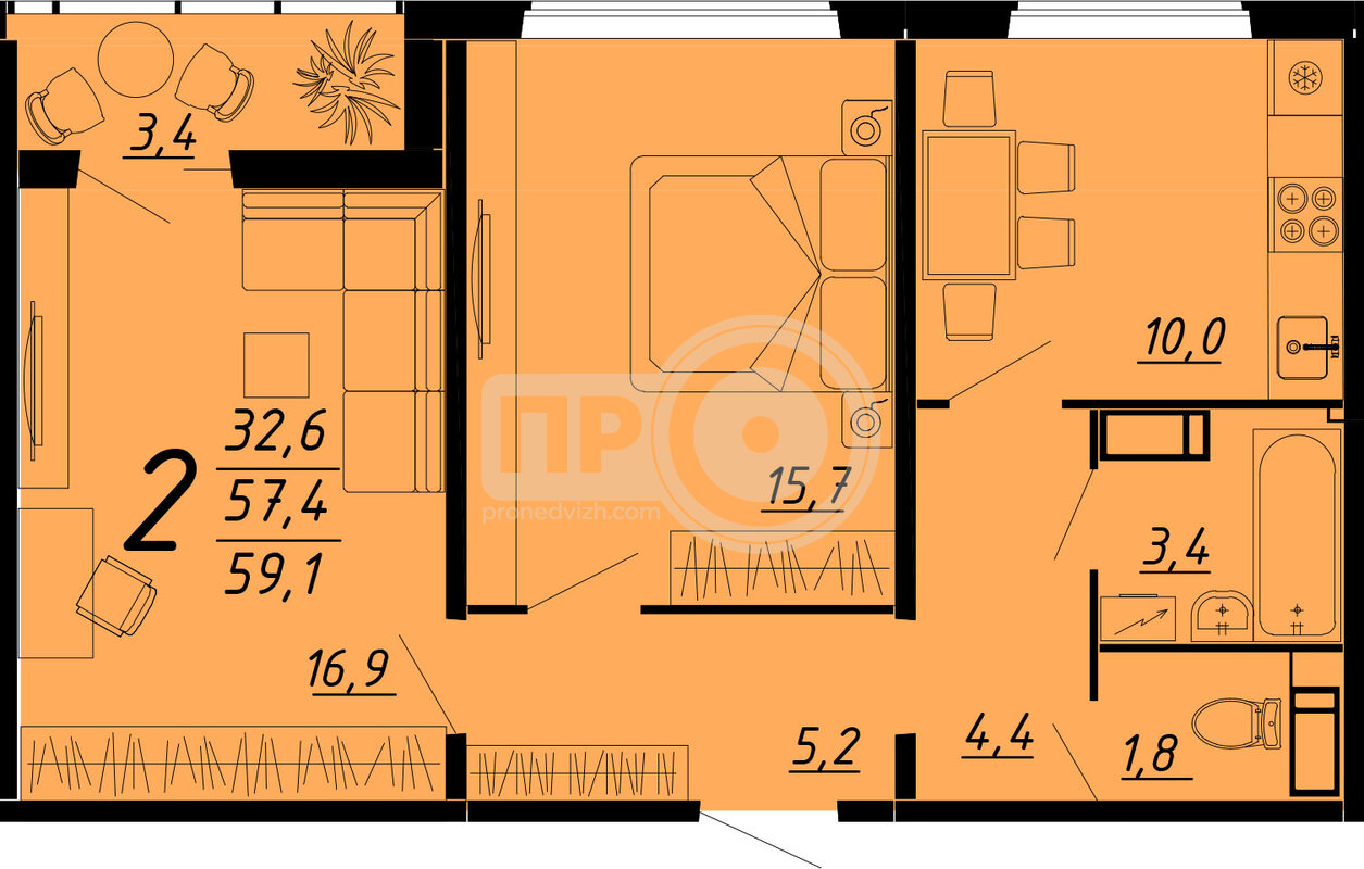 2-комнатная квартира, 59.9кв.м