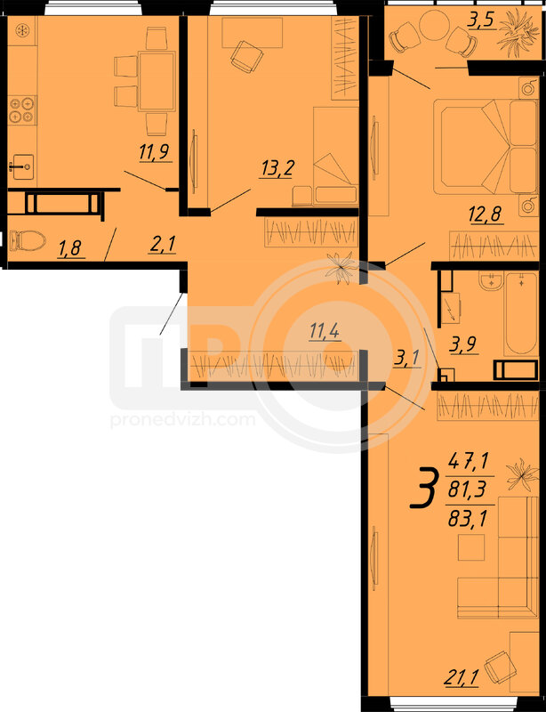 3-комнатная квартира, 83.1кв.м