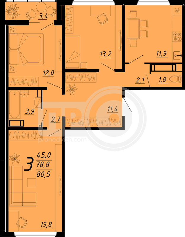 3-комнатная квартира, 80.5кв.м