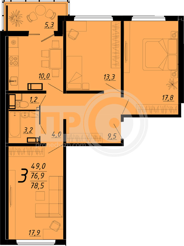 3-комнатная квартира, 78.5кв.м