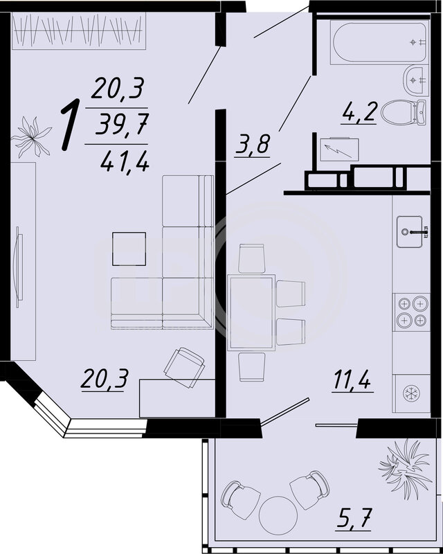 1-комнатная квартира, 41.4кв.м