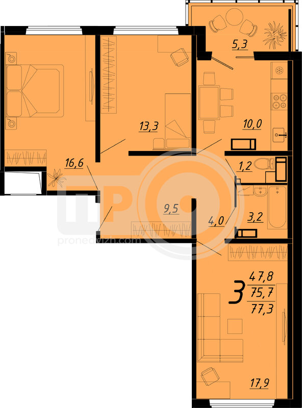 3-комнатная квартира, 77.3кв.м